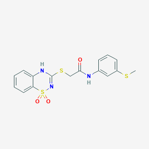 molecular formula C16H15N3O3S3 B2891950 2-[(1,1-dioxo-4H-1lambda6,2,4-benzothiadiazin-3-yl)sulfanyl]-N-[3-(methylsulfanyl)phenyl]acetamide CAS No. 896706-35-7