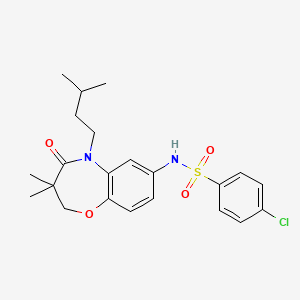molecular formula C22H27ClN2O4S B2891991 4-chloro-N-(5-isopentyl-3,3-dimethyl-4-oxo-2,3,4,5-tetrahydrobenzo[b][1,4]oxazepin-7-yl)benzenesulfonamide CAS No. 922058-71-7