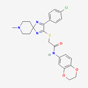 2-((3-(4-chlorophenyl)-8-methyl-1,4,8-triazaspiro[4.5]deca-1,3-dien-2-yl)thio)-N-(2,3-dihydrobenzo[b][1,4]dioxin-6-yl)acetamide