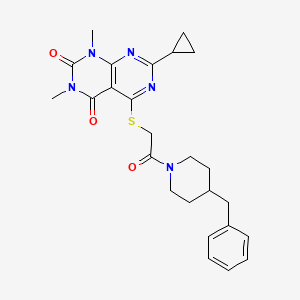 molecular formula C25H29N5O3S B2892157 5-((2-(4-benzylpiperidin-1-yl)-2-oxoethyl)thio)-7-cyclopropyl-1,3-dimethylpyrimido[4,5-d]pyrimidine-2,4(1H,3H)-dione CAS No. 863002-98-6