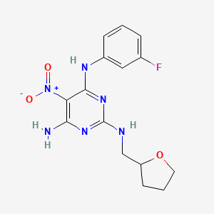 molecular formula C15H17FN6O3 B2892170 N4-(3-fluorophenyl)-5-nitro-N2-[(oxolan-2-yl)methyl]pyrimidine-2,4,6-triamine CAS No. 573973-22-5