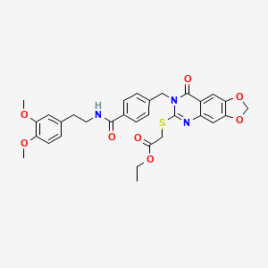 molecular formula C31H31N3O8S B2892212 ethyl 2-({7-[(4-{[2-(3,4-dimethoxyphenyl)ethyl]carbamoyl}phenyl)methyl]-8-oxo-2H,7H,8H-[1,3]dioxolo[4,5-g]quinazolin-6-yl}sulfanyl)acetate CAS No. 688062-12-6