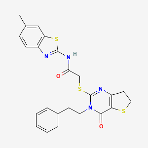 molecular formula C24H22N4O2S3 B2892258 N-(6-methyl-1,3-benzothiazol-2-yl)-2-{[4-oxo-3-(2-phenylethyl)-3H,4H,6H,7H-thieno[3,2-d]pyrimidin-2-yl]sulfanyl}acetamide CAS No. 877652-63-6