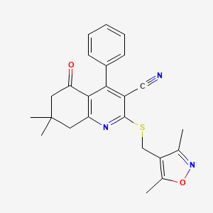 molecular formula C24H23N3O2S B2892276 2-(((3,5-Dimethylisoxazol-4-yl)methyl)thio)-7,7-dimethyl-5-oxo-4-phenyl-5,6,7,8-tetrahydroquinoline-3-carbonitrile CAS No. 690962-12-0