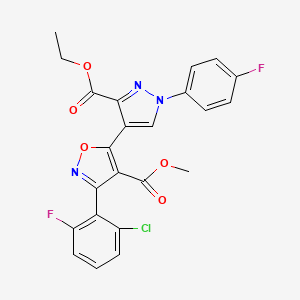 molecular formula C23H16ClF2N3O5 B2892364 methyl 3-(2-chloro-6-fluorophenyl)-5-[3-(ethoxycarbonyl)-1-(4-fluorophenyl)-1H-pyrazol-4-yl]-1,2-oxazole-4-carboxylate CAS No. 321571-29-3