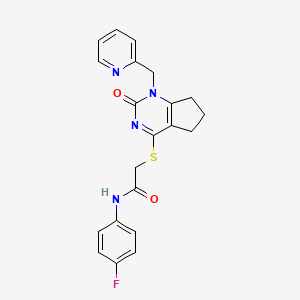 molecular formula C21H19FN4O2S B2892391 N-(4-fluorophenyl)-2-({2-oxo-1-[(pyridin-2-yl)methyl]-1H,2H,5H,6H,7H-cyclopenta[d]pyrimidin-4-yl}sulfanyl)acetamide CAS No. 933204-48-9