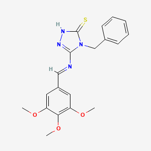 molecular formula C19H20N4O3S B2892502 4-Benzyl-5-((3,4,5-trimethoxybenzylidene)amino)-4H-1,2,4-triazole-3-thiol CAS No. 325994-67-0