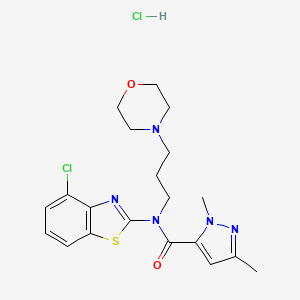 molecular formula C20H25Cl2N5O2S B2892517 N-(4-chloro-1,3-benzothiazol-2-yl)-1,3-dimethyl-N-[3-(morpholin-4-yl)propyl]-1H-pyrazole-5-carboxamide hydrochloride CAS No. 1216747-22-6