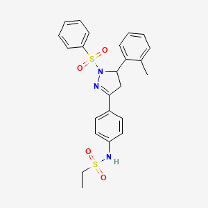 molecular formula C24H25N3O4S2 B2892581 N-{4-[1-(benzenesulfonyl)-5-(2-methylphenyl)-4,5-dihydro-1H-pyrazol-3-yl]phenyl}ethane-1-sulfonamide CAS No. 851781-87-8
