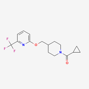 molecular formula C16H19F3N2O2 B2892607 2-[(1-Cyclopropanecarbonylpiperidin-4-yl)methoxy]-6-(trifluoromethyl)pyridine CAS No. 2202342-51-4