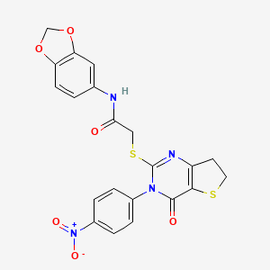 molecular formula C21H16N4O6S2 B2892871 N-(2H-1,3-benzodioxol-5-yl)-2-{[3-(4-nitrophenyl)-4-oxo-3H,4H,6H,7H-thieno[3,2-d]pyrimidin-2-yl]sulfanyl}acetamide CAS No. 850915-96-7