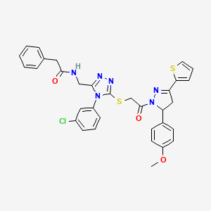molecular formula C33H29ClN6O3S2 B2892879 N-{[4-(3-chlorophenyl)-5-({2-[5-(4-methoxyphenyl)-3-(thiophen-2-yl)-4,5-dihydro-1H-pyrazol-1-yl]-2-oxoethyl}sulfanyl)-4H-1,2,4-triazol-3-yl]methyl}-2-phenylacetamide CAS No. 362505-55-3