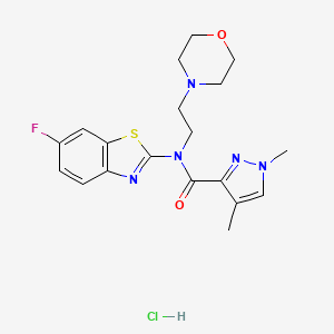 molecular formula C19H23ClFN5O2S B2893038 N-(6-fluoro-1,3-benzothiazol-2-yl)-1,4-dimethyl-N-[2-(morpholin-4-yl)ethyl]-1H-pyrazole-3-carboxamide hydrochloride CAS No. 1351590-52-7