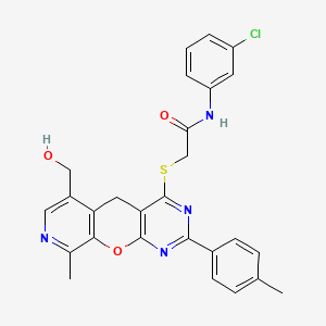 molecular formula C27H23ClN4O3S B2893231 N-(3-chlorophenyl)-2-{[11-(hydroxymethyl)-14-methyl-5-(4-methylphenyl)-2-oxa-4,6,13-triazatricyclo[8.4.0.0^{3,8}]tetradeca-1(10),3(8),4,6,11,13-hexaen-7-yl]sulfanyl}acetamide CAS No. 892384-76-8