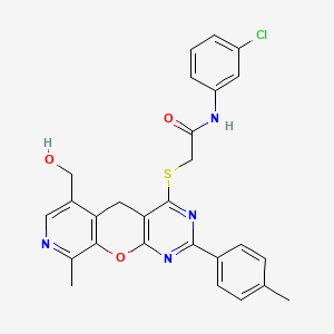 molecular formula C27H23ClN4O3S B2893231 N-(3-chlorophenyl)-2-{[6-(hydroxymethyl)-9-methyl-2-(4-methylphenyl)-5H-pyrido[4',3':5,6]pyrano[2,3-d]pyrimidin-4-yl]thio}acetamide CAS No. 892384-76-8