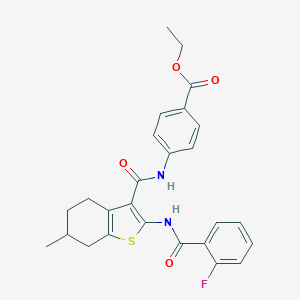 molecular formula C26H25FN2O4S B289332 ETHYL 4-[2-(2-FLUOROBENZAMIDO)-6-METHYL-4,5,6,7-TETRAHYDRO-1-BENZOTHIOPHENE-3-AMIDO]BENZOATE 