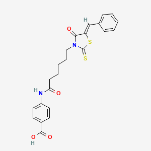 molecular formula C23H22N2O4S2 B2893528 (Z)-4-(6-(5-benzylidene-4-oxo-2-thioxothiazolidin-3-yl)hexanamido)benzoic acid CAS No. 303792-87-2