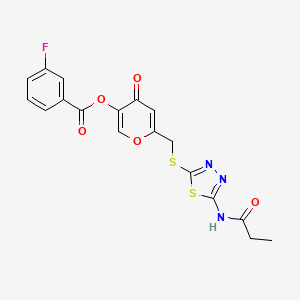 4-oxo-6-(((5-propionamido-1,3,4-thiadiazol-2-yl)thio)methyl)-4H-pyran-3-yl 3-fluorobenzoate