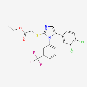 molecular formula C20H15Cl2F3N2O2S B2893649 ethyl 2-((5-(3,4-dichlorophenyl)-1-(3-(trifluoromethyl)phenyl)-1H-imidazol-2-yl)thio)acetate CAS No. 1226447-70-6