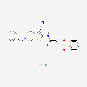 molecular formula C24H24ClN3O3S2 B2894034 N-(6-benzyl-3-cyano-4,5,6,7-tetrahydrothieno[2,3-c]pyridin-2-yl)-3-(phenylsulfonyl)propanamide hydrochloride CAS No. 1215329-28-4