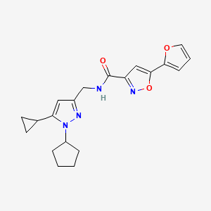 molecular formula C20H22N4O3 B2894147 N-((1-cyclopentyl-5-cyclopropyl-1H-pyrazol-3-yl)methyl)-5-(furan-2-yl)isoxazole-3-carboxamide CAS No. 1448029-94-4