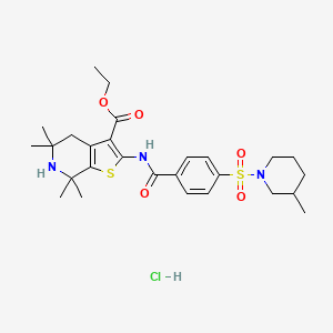 molecular formula C27H38ClN3O5S2 B2894296 Ethyl 5,5,7,7-tetramethyl-2-(4-((3-methylpiperidin-1-yl)sulfonyl)benzamido)-4,5,6,7-tetrahydrothieno[2,3-c]pyridine-3-carboxylate hydrochloride CAS No. 1215510-44-3