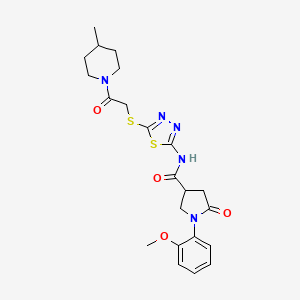molecular formula C22H27N5O4S2 B2894298 1-(2-甲氧基苯基)-N-(5-((2-(4-甲基哌啶-1-基)-2-氧代乙基)硫)-1,3,4-噻二唑-2-基)-5-氧代吡咯烷-3-甲酰胺 CAS No. 872595-21-6