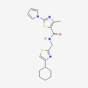 molecular formula C19H22N4OS2 B2894301 N-((4-cyclohexylthiazol-2-yl)methyl)-4-methyl-2-(1H-pyrrol-1-yl)thiazole-5-carboxamide CAS No. 2034589-12-1