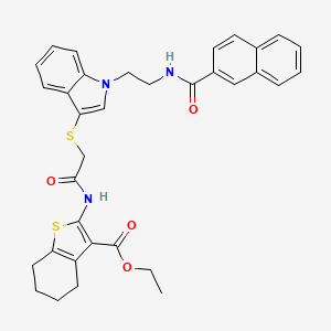 molecular formula C34H33N3O4S2 B2894349 Ethyl 2-[[2-[1-[2-(naphthalene-2-carbonylamino)ethyl]indol-3-yl]sulfanylacetyl]amino]-4,5,6,7-tetrahydro-1-benzothiophene-3-carboxylate CAS No. 533865-69-9