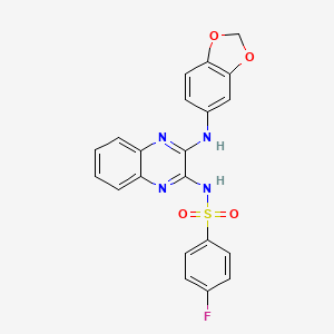 molecular formula C21H15FN4O4S B2894380 N-[3-(1,3-benzodioxol-5-ylamino)quinoxalin-2-yl]-4-fluorobenzenesulfonamide CAS No. 714247-04-8