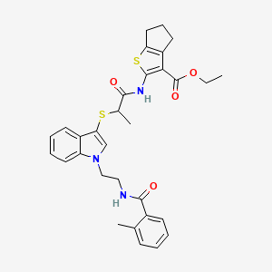 molecular formula C31H33N3O4S2 B2894573 ethyl 2-(2-((1-(2-(2-methylbenzamido)ethyl)-1H-indol-3-yl)thio)propanamido)-5,6-dihydro-4H-cyclopenta[b]thiophene-3-carboxylate CAS No. 532970-46-0