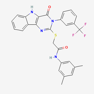 molecular formula C27H21F3N4O2S B2894717 N-(3,5-dimethylphenyl)-2-((4-oxo-3-(3-(trifluoromethyl)phenyl)-4,5-dihydro-3H-pyrimido[5,4-b]indol-2-yl)thio)acetamide CAS No. 536715-94-3
