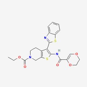 molecular formula C22H21N3O5S2 B2894842 ethyl 3-(1,3-benzothiazol-2-yl)-2-(5,6-dihydro-1,4-dioxine-2-amido)-4H,5H,6H,7H-thieno[2,3-c]pyridine-6-carboxylate CAS No. 946276-75-1