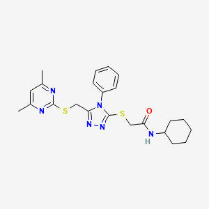 molecular formula C23H28N6OS2 B2895014 N-cyclohexyl-2-[(5-{[(4,6-dimethylpyrimidin-2-yl)sulfanyl]methyl}-4-phenyl-4H-1,2,4-triazol-3-yl)sulfanyl]acetamide CAS No. 577989-00-5