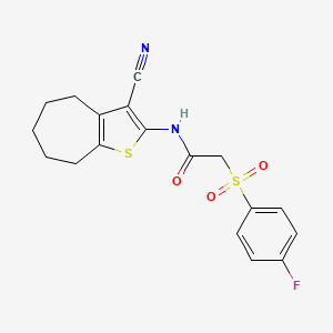 molecular formula C18H17FN2O3S2 B2895117 N-{3-cyano-4H,5H,6H,7H,8H-cyclohepta[b]thiophen-2-yl}-2-(4-fluorobenzenesulfonyl)acetamide CAS No. 895474-26-7