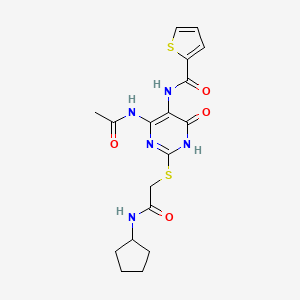 molecular formula C18H21N5O4S2 B2895243 N-(4-acetamido-2-((2-(cyclopentylamino)-2-oxoethyl)thio)-6-oxo-1,6-dihydropyrimidin-5-yl)thiophene-2-carboxamide CAS No. 872608-90-7