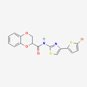 molecular formula C16H11BrN2O3S2 B2895665 N-(4-(5-bromothiophen-2-yl)thiazol-2-yl)-2,3-dihydrobenzo[b][1,4]dioxine-2-carboxamide CAS No. 681168-06-9