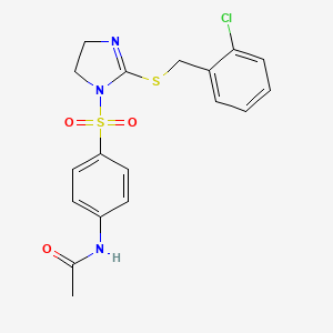 molecular formula C18H18ClN3O3S2 B2895667 N-{4-[(2-{[(2-chlorophenyl)methyl]sulfanyl}-4,5-dihydro-1H-imidazol-1-yl)sulfonyl]phenyl}acetamide CAS No. 868217-85-0
