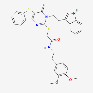 molecular formula C32H30N4O4S2 B2895875 N-[2-(3,4-dimethoxyphenyl)ethyl]-2-({5-[2-(1H-indol-3-yl)ethyl]-6-oxo-8-thia-3,5-diazatricyclo[7.4.0.0^{2,7}]trideca-1(9),2(7),3,10,12-pentaen-4-yl}sulfanyl)acetamide CAS No. 866015-00-1
