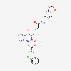 molecular formula C29H27ClN4O6 B2896116 N-(1,3-benzodioxol-5-ylmethyl)-4-[1-{2-[(2-chlorobenzyl)amino]-2-oxoethyl}-2,4-dioxo-1,4-dihydroquinazolin-3(2H)-yl]butanamide CAS No. 899910-43-1