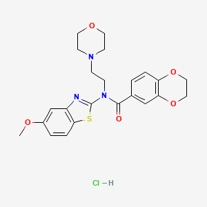 molecular formula C23H26ClN3O5S B2896128 N-(5-methoxybenzo[d]thiazol-2-yl)-N-(2-morpholinoethyl)-2,3-dihydrobenzo[b][1,4]dioxine-6-carboxamide hydrochloride CAS No. 1215745-80-4