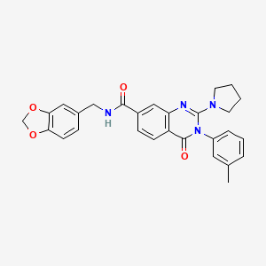 molecular formula C28H26N4O4 B2896147 N-[(2H-1,3-benzodioxol-5-yl)methyl]-3-(3-methylphenyl)-4-oxo-2-(pyrrolidin-1-yl)-3,4-dihydroquinazoline-7-carboxamide CAS No. 1251594-79-2