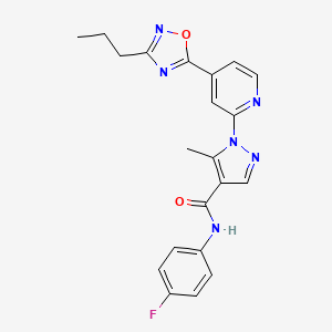 molecular formula C21H19FN6O2 B2896286 N-(4-fluorophenyl)-5-methyl-1-[4-(3-propyl-1,2,4-oxadiazol-5-yl)pyridin-2-yl]-1H-pyrazole-4-carboxamide CAS No. 1251671-46-1