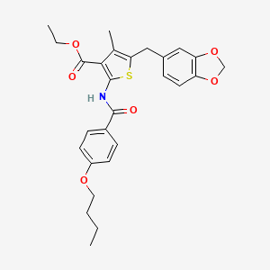 molecular formula C27H29NO6S B2896494 ethyl 5-[(2H-1,3-benzodioxol-5-yl)methyl]-2-(4-butoxybenzamido)-4-methylthiophene-3-carboxylate CAS No. 476365-71-6