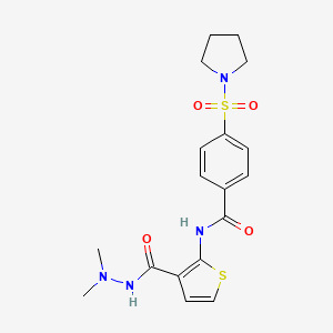 molecular formula C18H22N4O4S2 B2896546 N-(3-(2,2-dimethylhydrazinecarbonyl)thiophen-2-yl)-4-(pyrrolidin-1-ylsulfonyl)benzamide CAS No. 893128-66-0