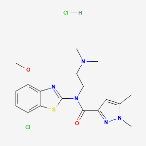 molecular formula C18H23Cl2N5O2S B2896569 N-(7-chloro-4-methoxy-1,3-benzothiazol-2-yl)-N-[2-(dimethylamino)ethyl]-1,5-dimethyl-1H-pyrazole-3-carboxamide hydrochloride CAS No. 1216663-04-5
