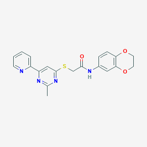 molecular formula C20H18N4O3S B2896628 N-(2,3-dihydro-1,4-benzodioxin-6-yl)-2-{[2-methyl-6-(pyridin-2-yl)pyrimidin-4-yl]sulfanyl}acetamide CAS No. 1251605-94-3
