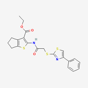 molecular formula C21H20N2O3S3 B2896803 ethyl 2-(2-((4-phenylthiazol-2-yl)thio)acetamido)-5,6-dihydro-4H-cyclopenta[b]thiophene-3-carboxylate CAS No. 727689-63-6