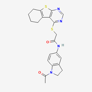 molecular formula C22H22N4O2S2 B2896968 N-(1-acetyl-2,3-dihydro-1H-indol-5-yl)-2-{8-thia-4,6-diazatricyclo[7.4.0.0^{2,7}]trideca-1(9),2(7),3,5-tetraen-3-ylsulfanyl}acetamide CAS No. 496027-84-0