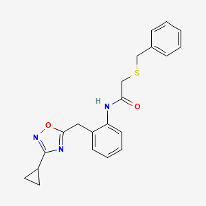 molecular formula C21H21N3O2S B2897125 2-(benzylthio)-N-(2-((3-cyclopropyl-1,2,4-oxadiazol-5-yl)methyl)phenyl)acetamide CAS No. 1797959-31-9